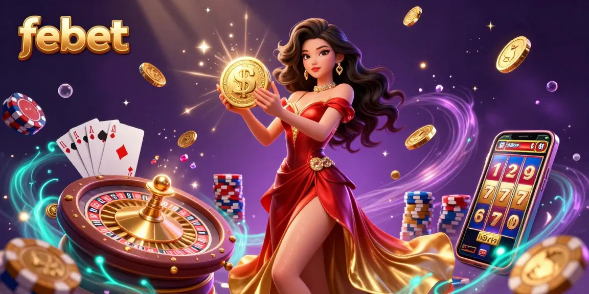 Experience the thrill of febet with a stunning illustration showcasing vibrant casino elements and a vibrant Asian character.
