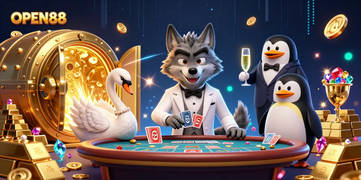 Experience the excitement of OPEN88 with a captivating baccarat scene featuring elegant characters and luxurious casino elements.