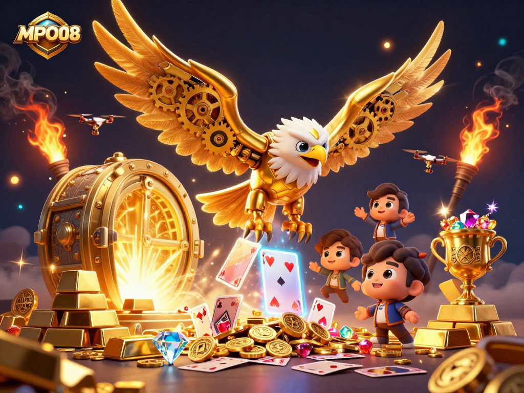 MPO08 showcases a thrilling experience with a golden eagle and vibrant casino elements set in dazzling 3D.
