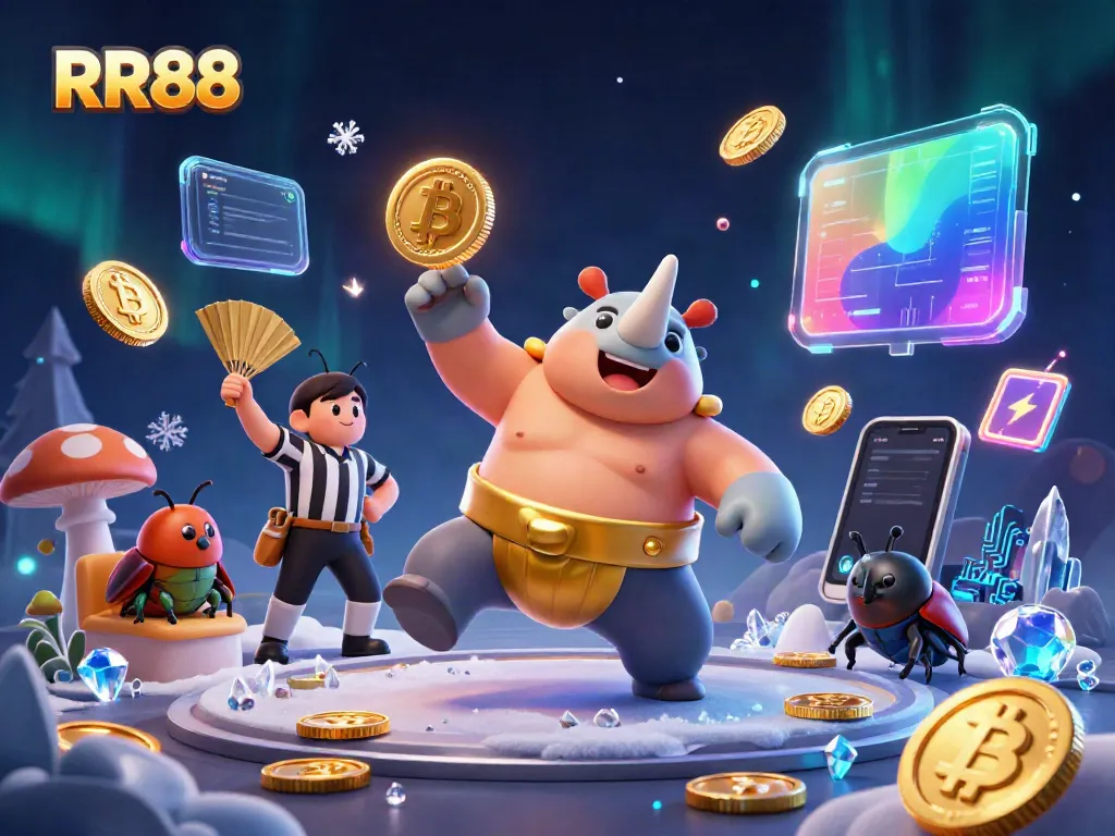 Experience thrilling gaming action at RR88 with vibrant scenes of playful beetle champions and crypto elements.