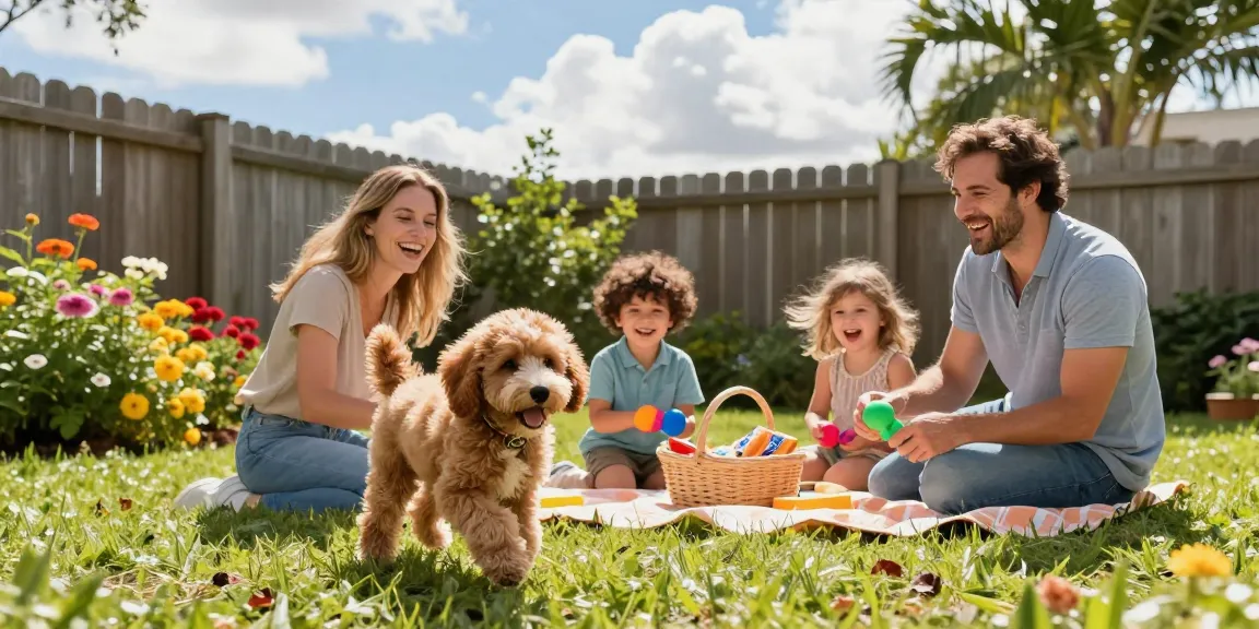 Cavapoo puppies Florida playing in a sunny backyard with a cheerful family