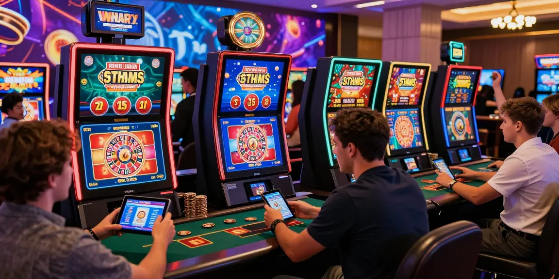 Engaging online casino players celebrating wins at casino non aams with colorful digital displays and vibrant atmosphere.