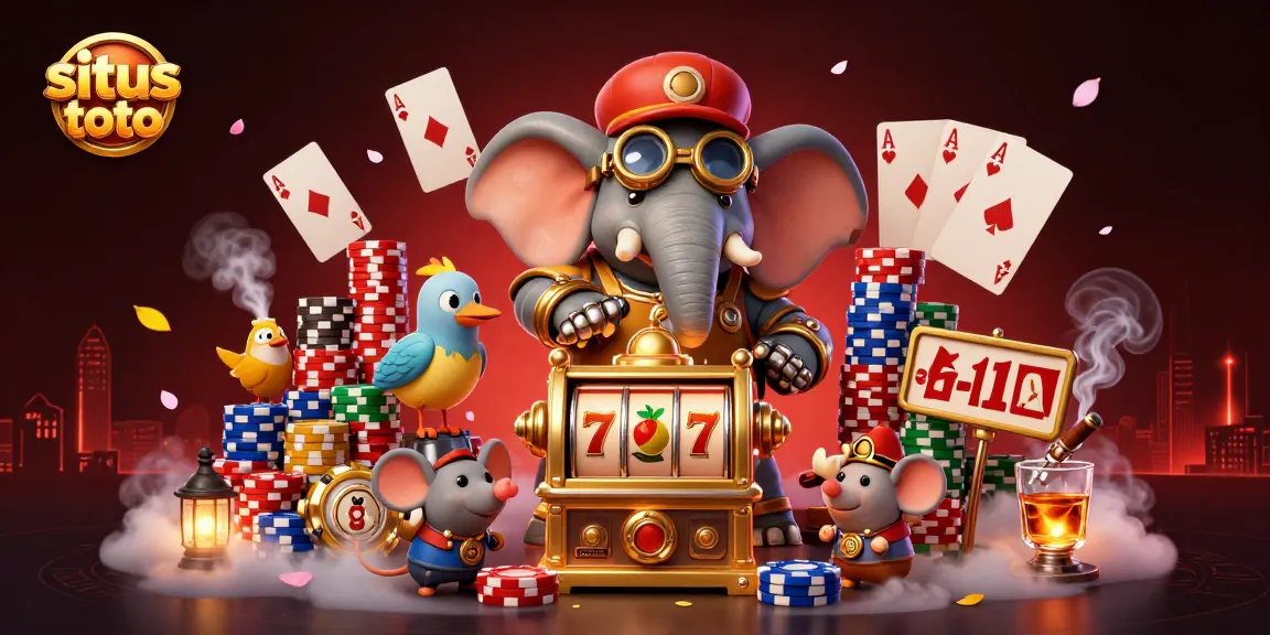 Spin the situs toto slot machine with the steampunk elephant engineer and colorful poker elements.