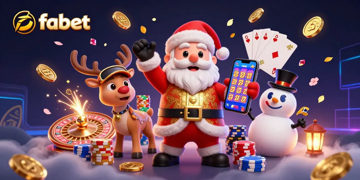 Experience thrilling wins with fabet at a vibrant 3D casino featuring Santa and friends.