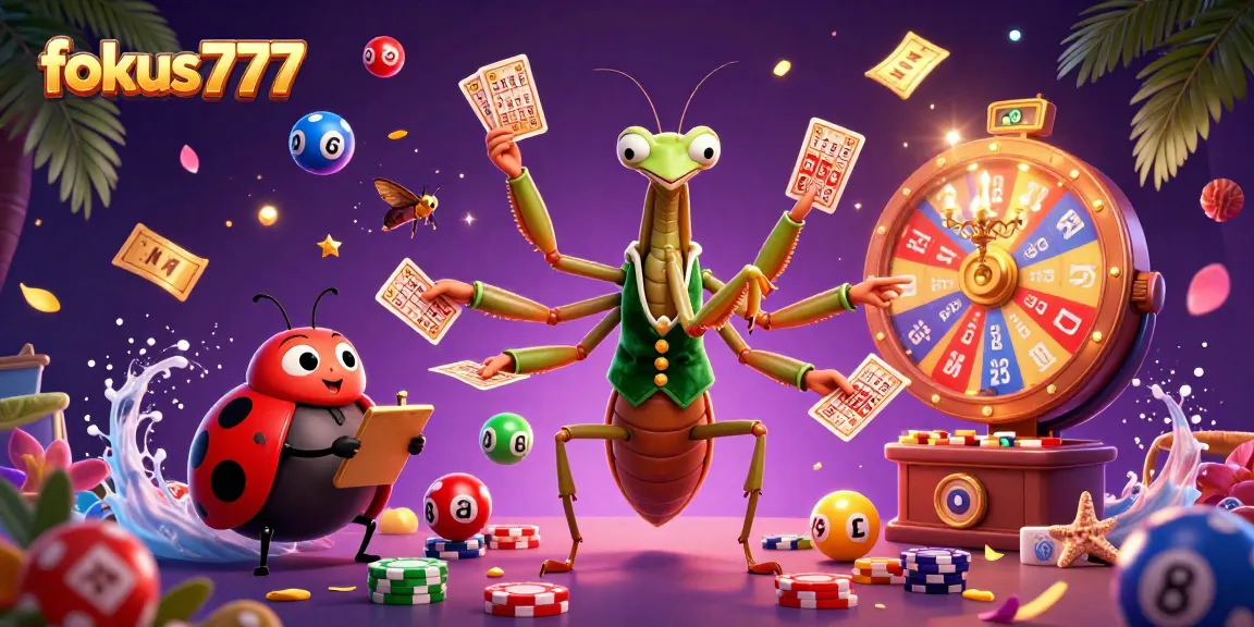 Engage with fokus777 through an exciting 3D casino scene featuring dynamic lottery elements and characters.