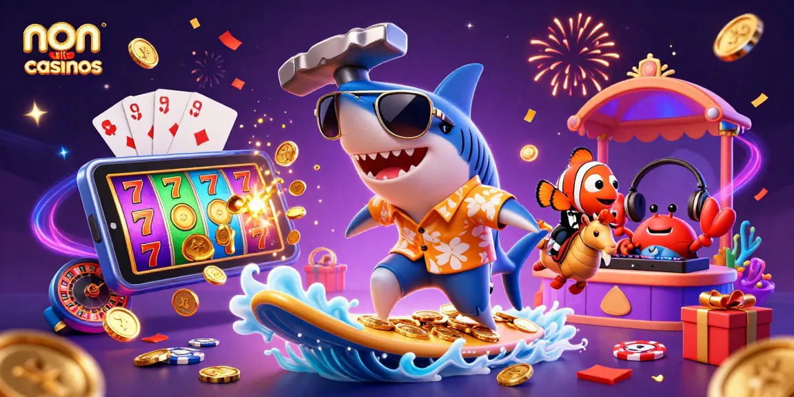 Discover exciting non uk casinos through a dynamic 3D illustration featuring fun characters and casino elements.