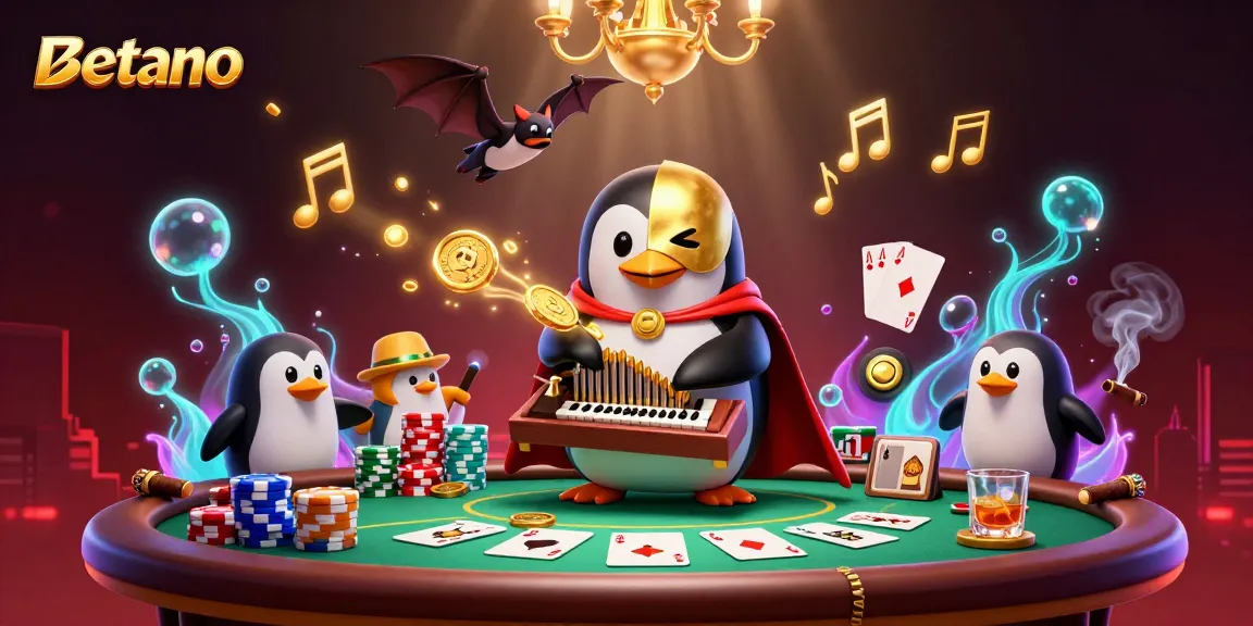 Experience the thrill of Betano with a captivating scene of a penguin playing an organ of golden coins amidst a vibrant poker atmosphere.
