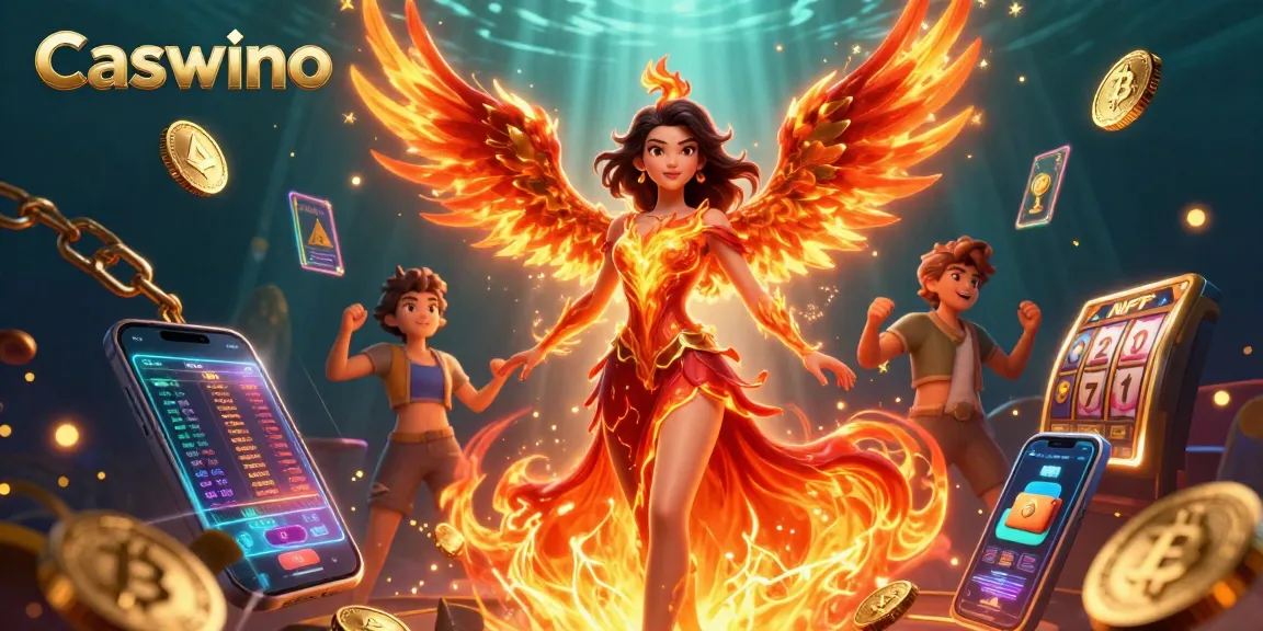 Spin to win at Caswino with a stunning illustration of a fiery casino goddess surrounded by glowing crypto coins.