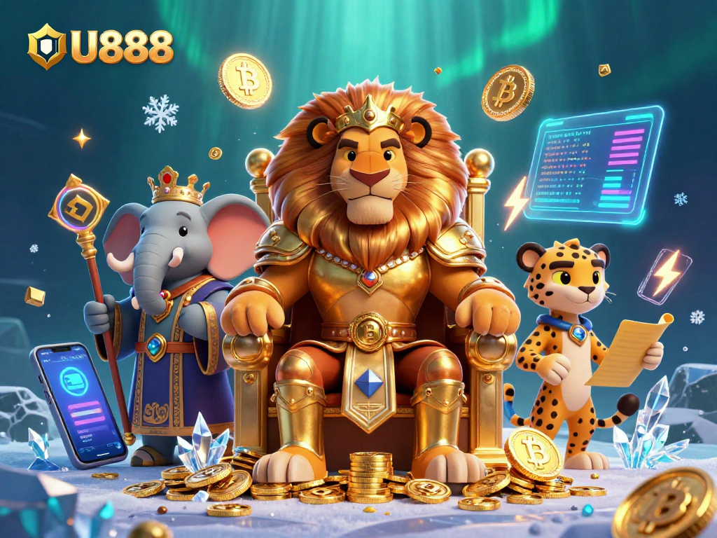 Engage in thrilling betting with U888 at this vibrant casino scene featuring lion king and sparkling crypto.