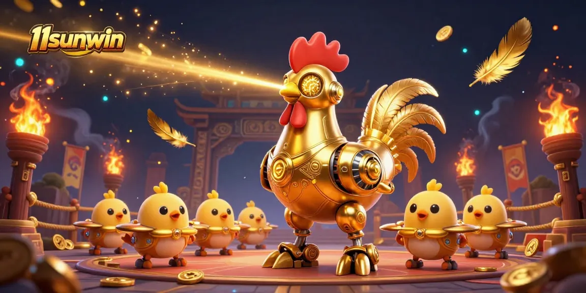 11sunwin experiences thrilling gambling action with a golden rooster robot at a vibrant casino arena.