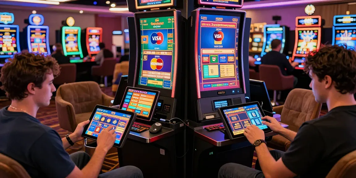 Excited players enjoying credit card casinos games on mobile devices, showcasing vibrant gaming interfaces.