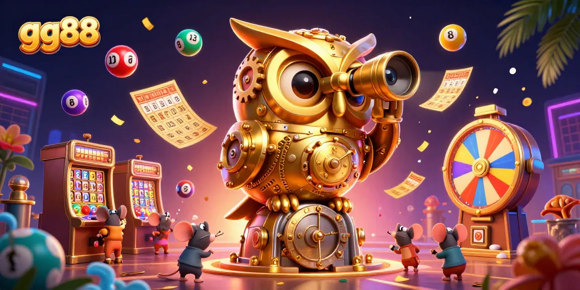 Experience gg88's vibrant casino scene filled with lottery balls and a golden owl scanning the floor.