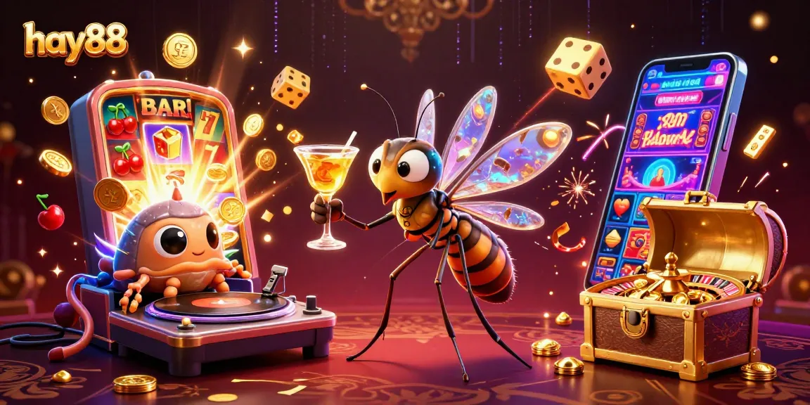 Experience the excitement of hay88 casino gaming with a vibrant illustration of a golden cocktail-wielding mascot and a casino DJ.