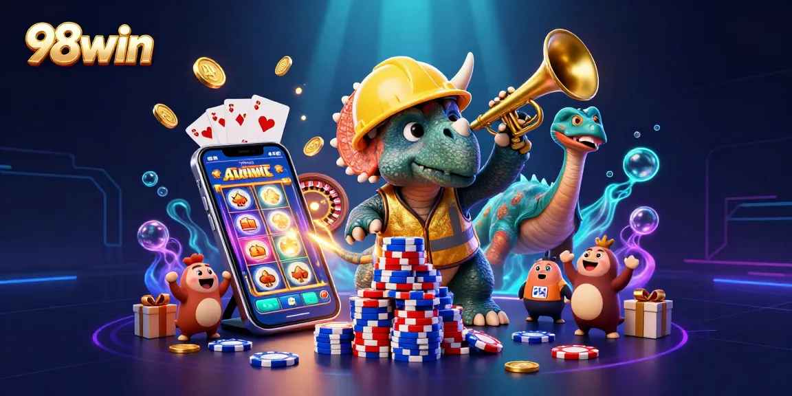 Celebrate big wins with 98win in a vibrant casino themed scene featuring dynamic characters.