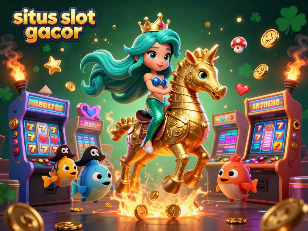 Situs slot gacor showcases a vibrant scene of a mermaid princess and seahorse amidst slot game excitement.