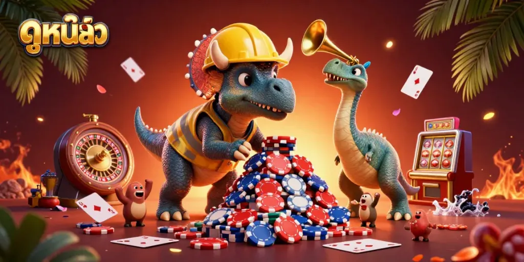 Engage with thrilling ดูหนังออนไลน์ experiences featuring poker chips and cards in a vibrant casino scene.