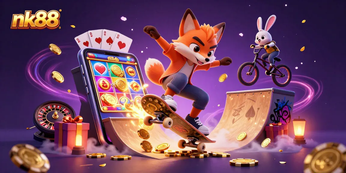 Engage with nk88's vibrant casino culture, featuring a dynamic fox and rabbit duo amidst gambling elements.