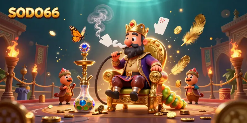 Witness SODO66's vibrant gaming atmosphere featuring a whimsical caterpillar character amidst casino elements.