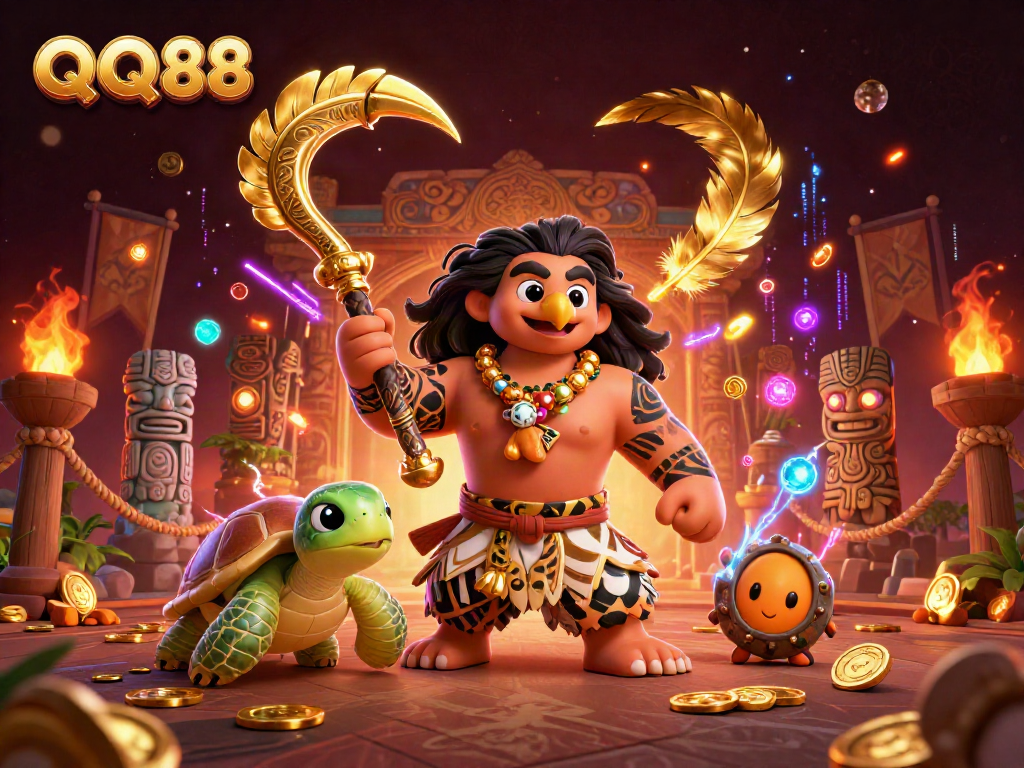 Experience thrilling gambling with QQ88's lively characters in a richly detailed casino illustration.
