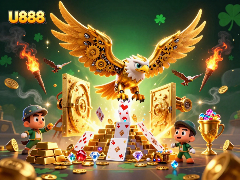 Experience the thrill of U888 with a golden eagle amidst dynamic casino elements and treasures.