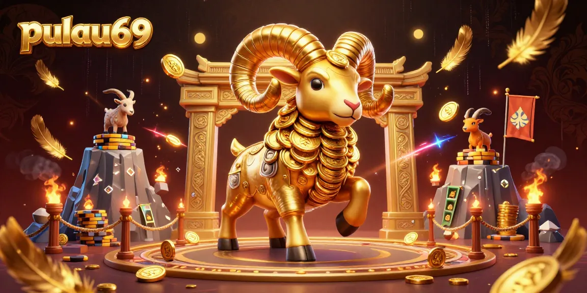 Experience pulau69 in this vibrant 3D casino scene featuring a golden ram charging through a dynamic gambling arena.