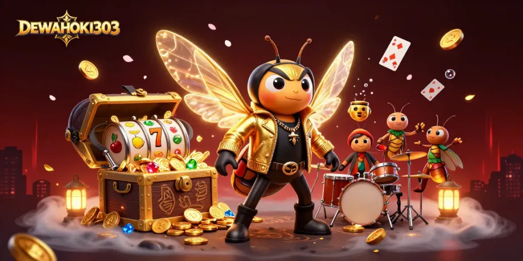 DEWAHOKI303 menampilkan siklus permainan slot menarik dengan karakter cicada rock star dan elemen kasino.