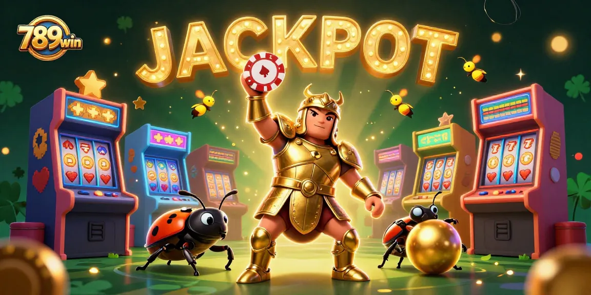 Spin to win with 789win in this vibrant casino 3D scene featuring a victorious beetle.