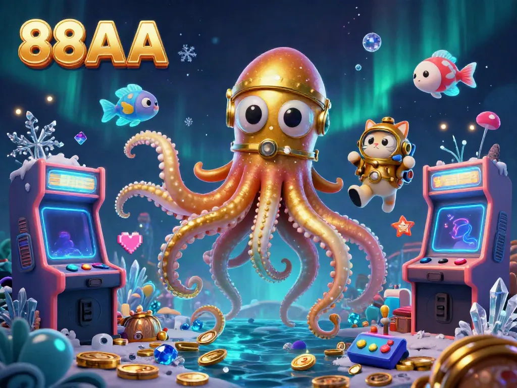 Play at 88AA with a vibrant 3D scene featuring kraken and diving cat among casino games and treasures.