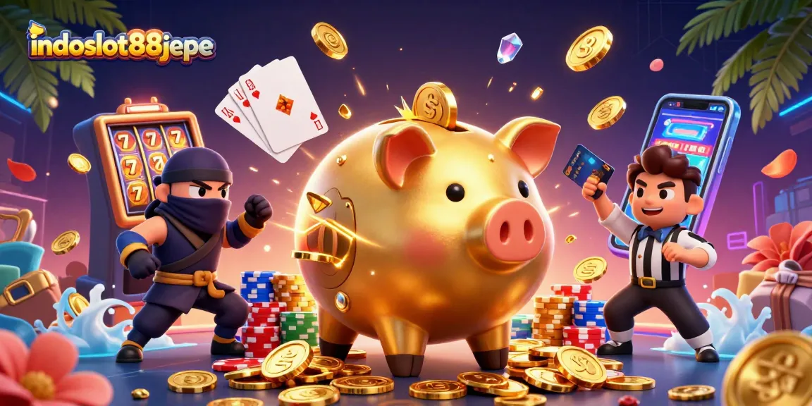 Engage with indoslot88jepe's vibrant 3D casino scene showcasing a golden piggy bank sumo wrestler, coins, and slot reels.