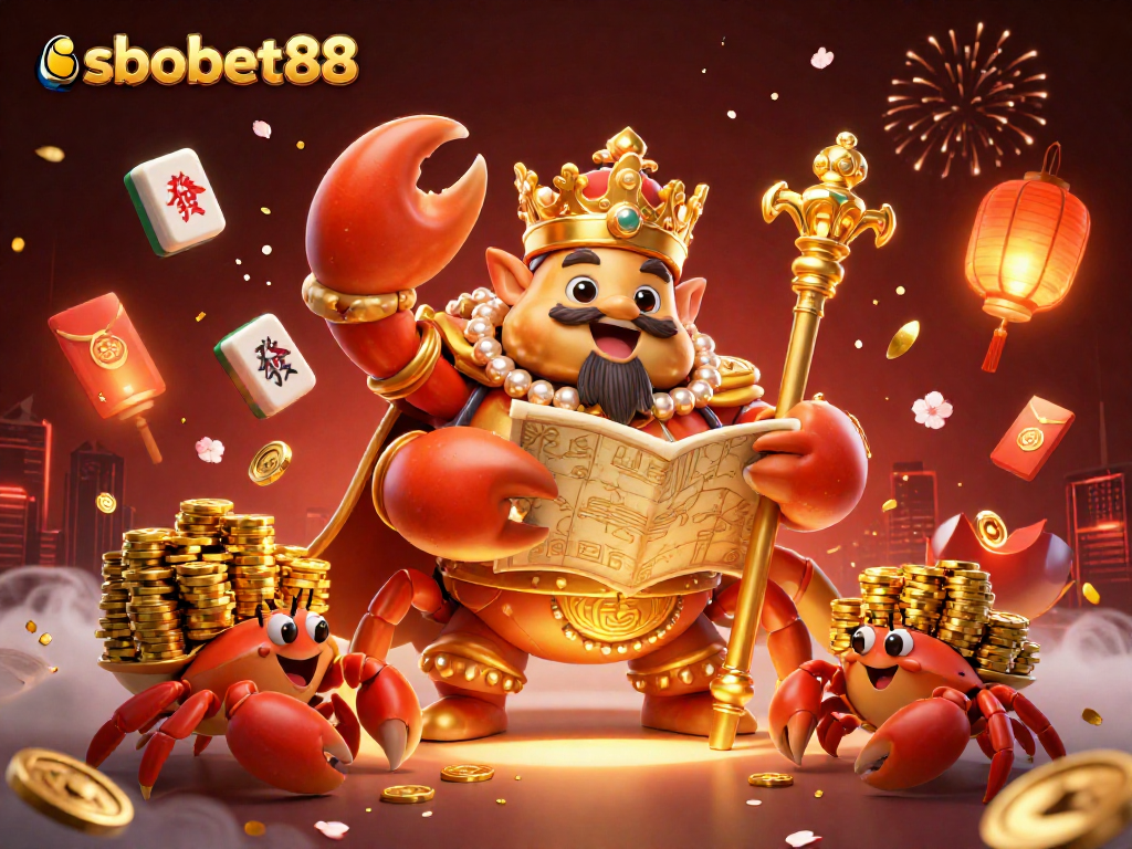 Engage with sbobet88 at an exciting 3D casino scene featuring a golden crab emperor and vibrant decorations.