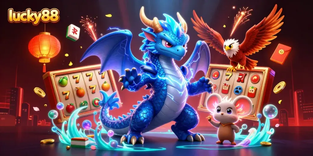 Play slots with excitement and win at lucky88, featuring vibrant characters and dynamic gaming elements.