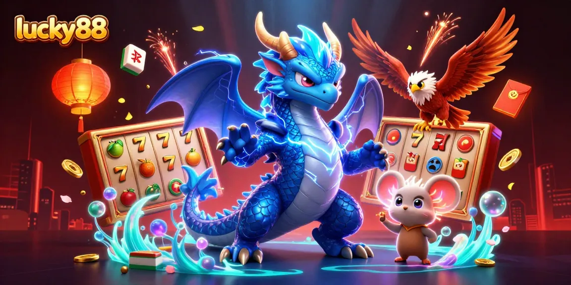 Play slots with excitement and win at lucky88, featuring vibrant characters and dynamic gaming elements.