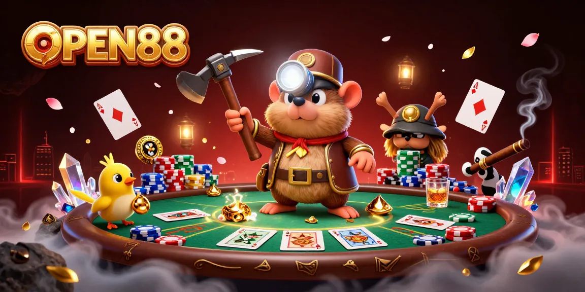 Engaging poker action with OPEN88 featuring a vibrant scene of treasure hunting and gaming elements.