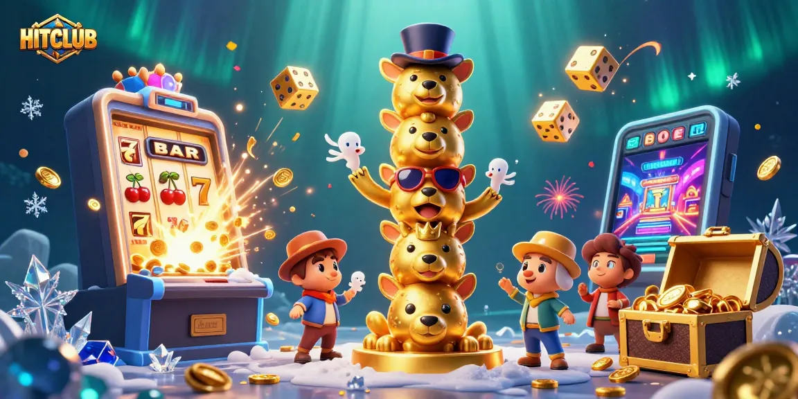 Engage in HITCLUB casino excitement with dynamic slot machines and animated characters.