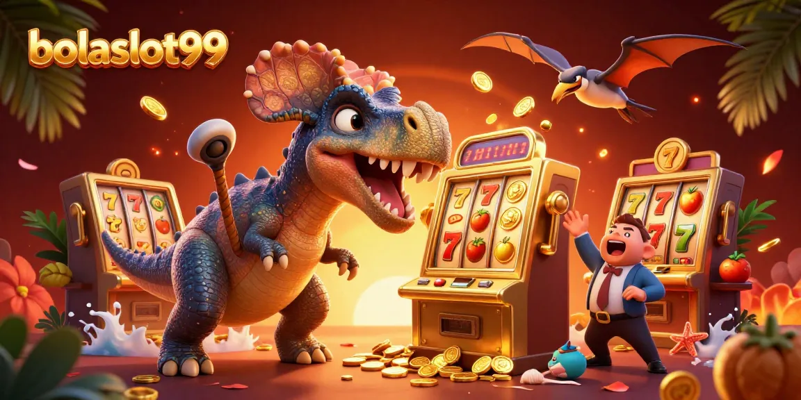 Engage with bolaslot99 as a cartoon pachycephalosaurus wins jackpot coins from a golden slot machine!