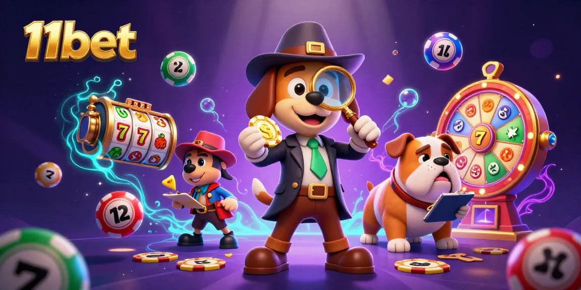 Engage in thrilling jackpots with 11bet in an ultra-detailed casino scene featuring detectives, slots, and lottery elements.