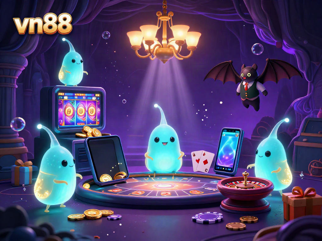 Experience excitement with vn88 at this vibrant cave casino illuminated by glowworms and gaming elements.