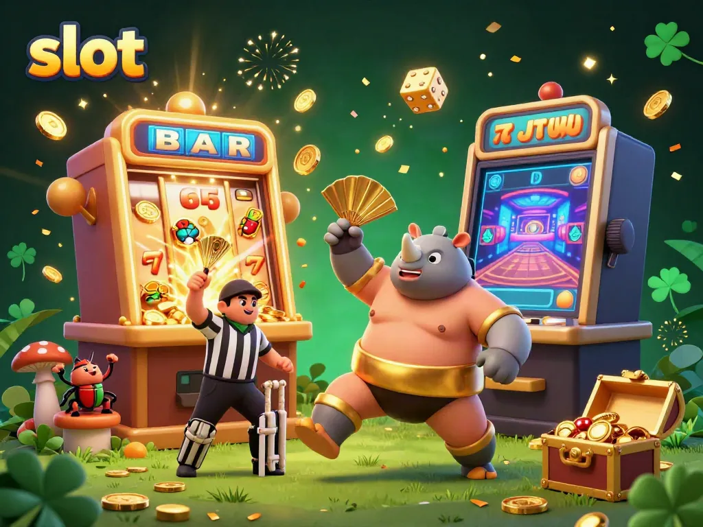 Experience the thrill of slots with a dynamic scene featuring an energetic rhinoceros beetle champion amidst flying coins and a bursting slot machine.