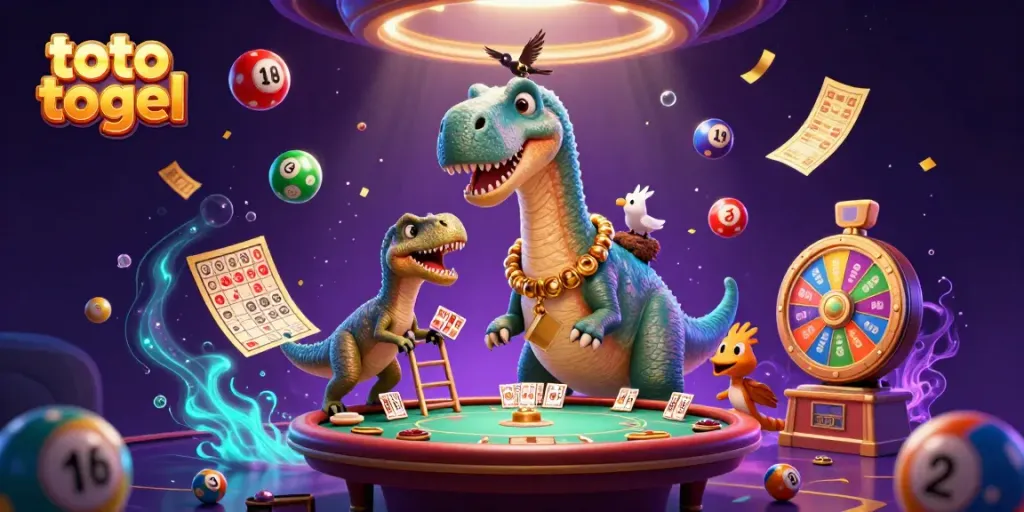 Engage in the dynamic world of toto togel with a vibrant 3D illustration featuring a towering brontosaurus in a casino setting.
