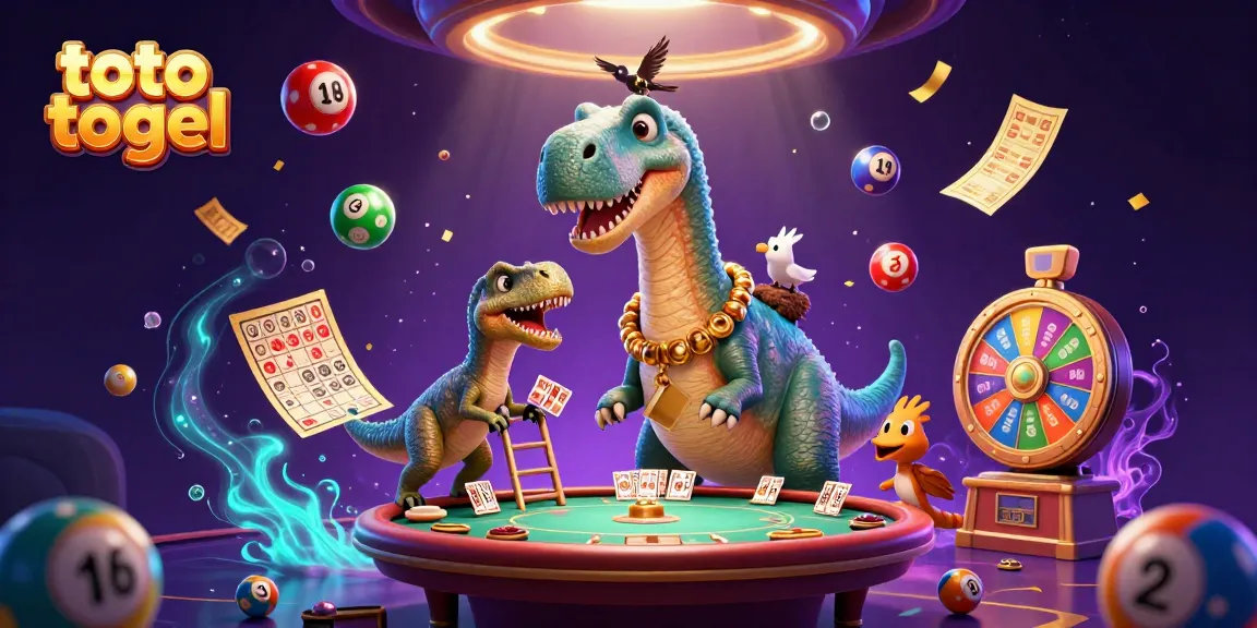 Engage in the dynamic world of toto togel with a vibrant 3D illustration featuring a towering brontosaurus in a casino setting.