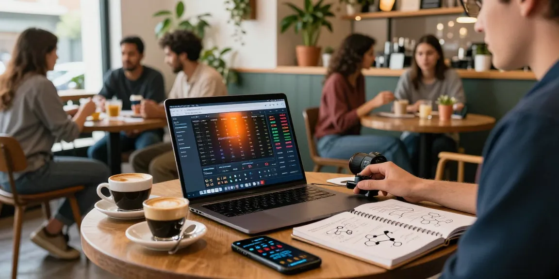 Playexch247 trading in coffee shop with crypto dashboards and DeFi notes.