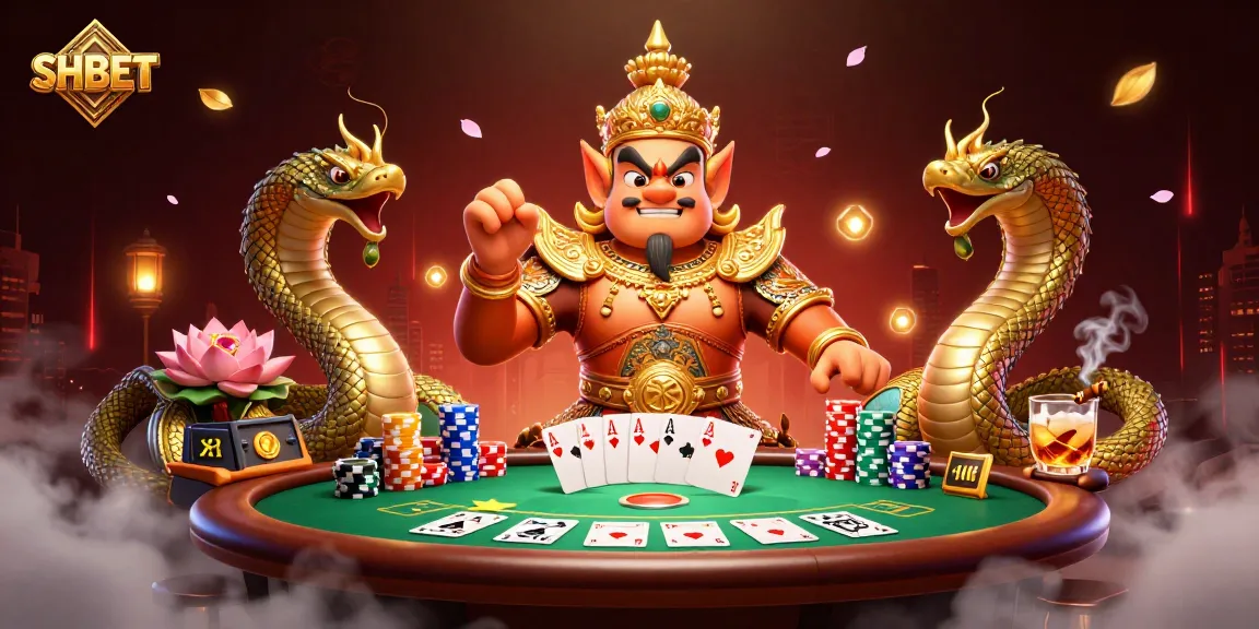 Engage with SHBET at a vibrant casino scene featuring a Thai temple guardian and poker elements.