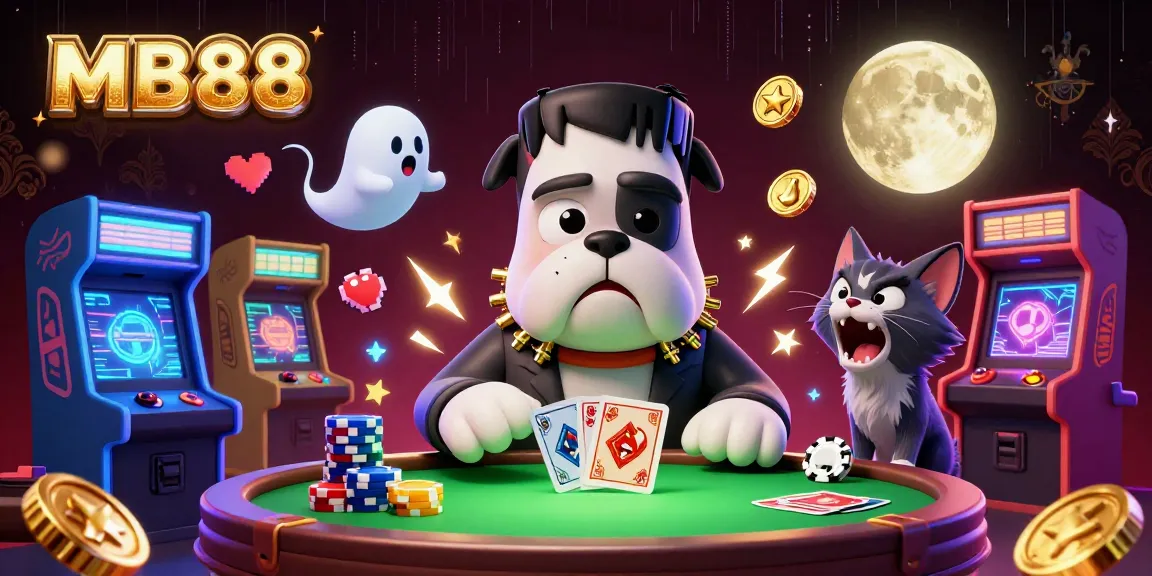 Mô tả cảnh cảm giác đánh bài đẳng cấp tại MB88 với chó Frankenstein, chuột ma và mèo sói.