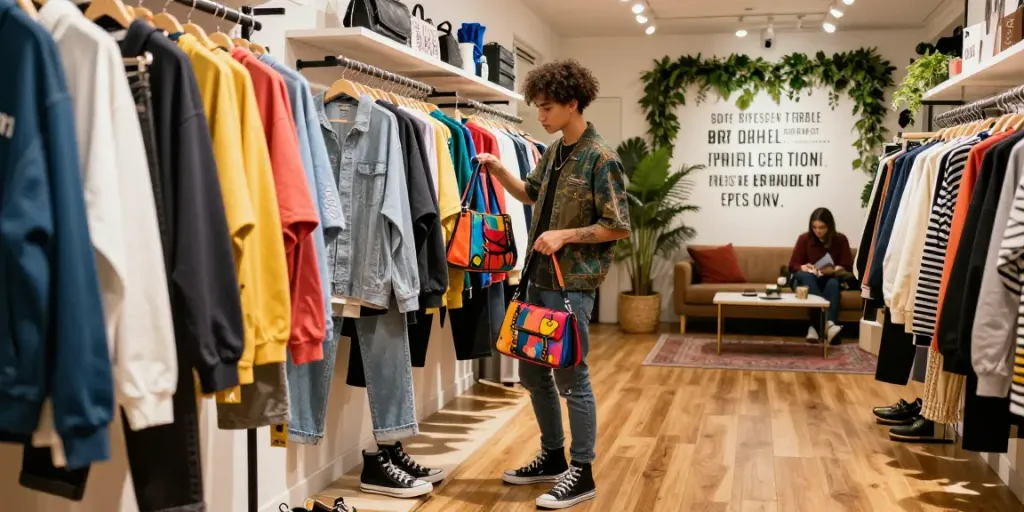Fashion enthusiast exploring peh888 style in a trendy urban boutique.