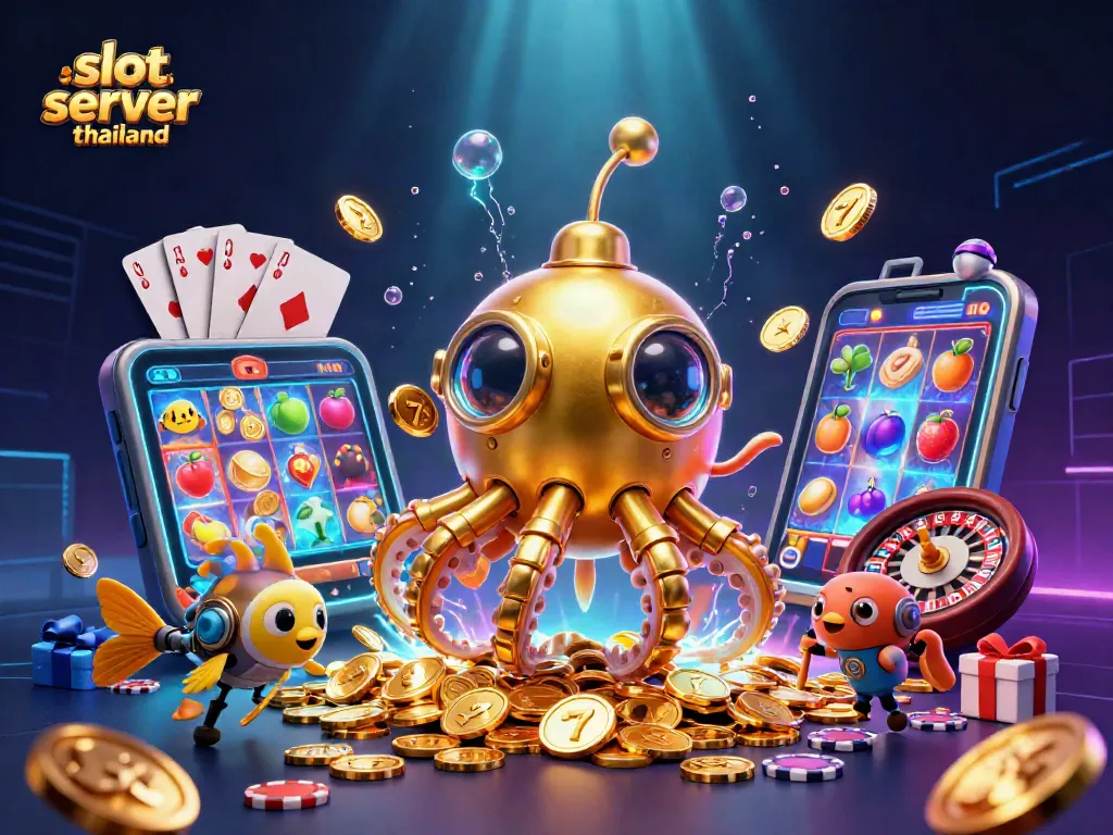 Engage with the vibrant slot server thailand scene featuring a golden kraken submarine amidst flying slot game elements and sparkling coins.