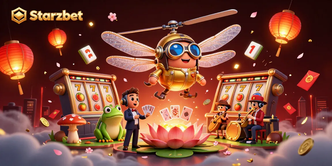 Experience Starzbet's thrilling casino action with a lively 3D illustration featuring poker, slot reels, and vibrant characters.