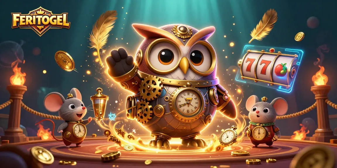 Win big with FERITOGEL in this vibrant 3D illustration featuring an owl and mouse in a playful casino.