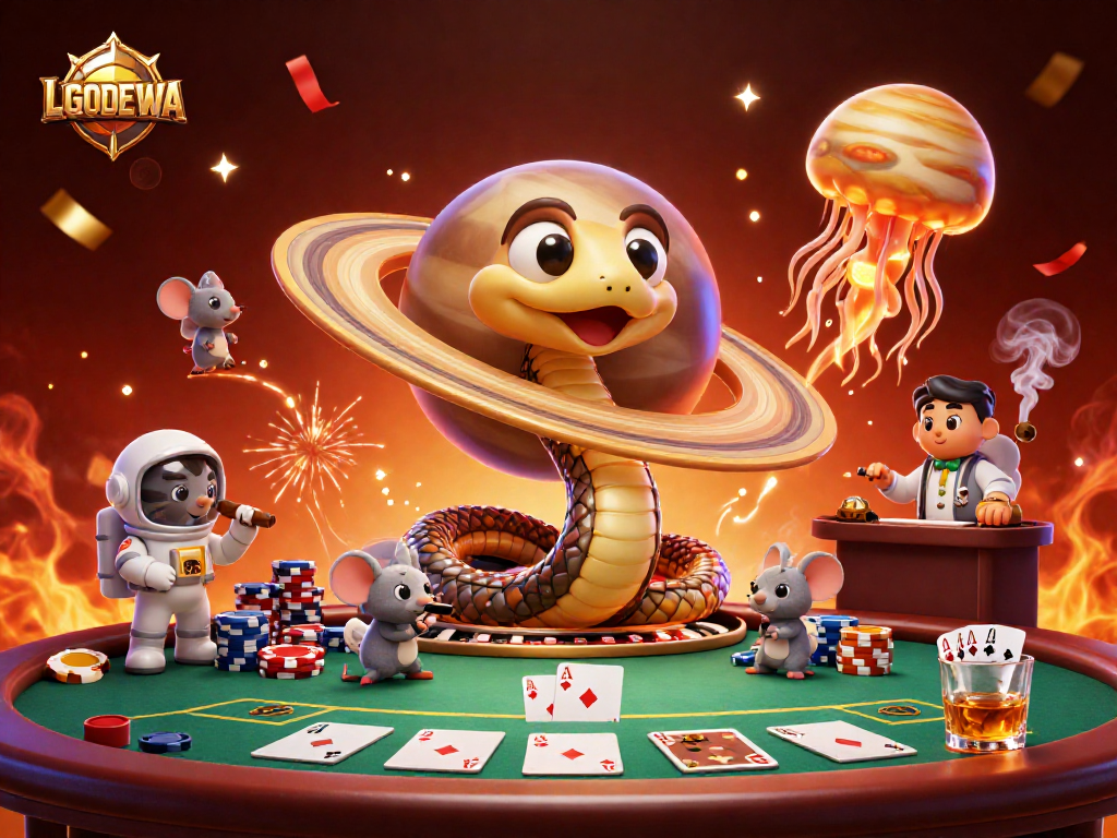 Experience LGODEWA as a Saturn ring snake and astronaut mice engage in cosmic gambling excitement.