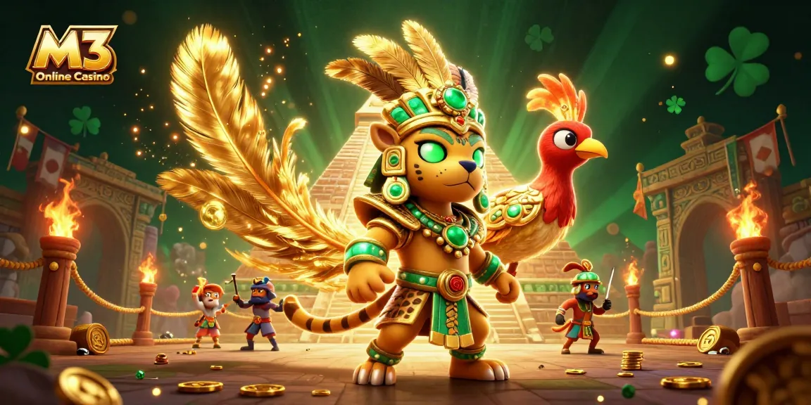 M3 Online Casino features an energetic scene with a Mayan jaguar priest, quetzal bird, and dynamic casino elements.
