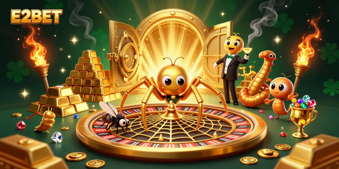 E2BET's exciting casino experience featuring a golden spider and croupier in a vibrant, dynamic scene.